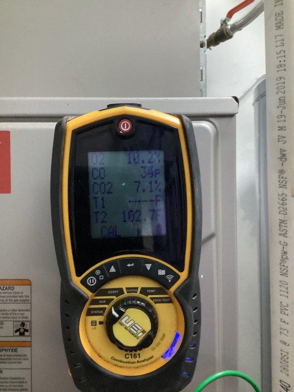 # HVAC Maintenance - Heating System Service

Completed comprehensive heating maintenance on Bryant furnace system. Performed standard CCH (Clean, Check, and Inspect) protocol including visual inspection of all major components and electrical connections. Replaced air filter per monthly maintenance schedule according to specified filter size requirements.

Conducted combustion analysis testing using digital diagnostic meter to verify proper system operation. Measured and recorded combustion gas readings including CO and CO2 levels, along with temperature differentials (T1 and T2 readings). Analysis confirmed safe combustion parameters with readings within manufacturer specifications - CO2 at 19.2% and temperature reading of 39°F recorded during testing.

Inspected furnace cabinet, access panels, and all warning labels for proper condition. Verified electrical disconnect box and conduit connections secure and functioning properly. Examined PVC condensate drain and venting system for prop