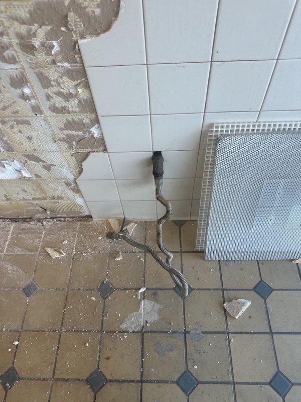 Conducted on-site assessment of existing plumbing infrastructure for water service modifications in grooming facility. Evaluated condition and functionality of current water supply lines to determine which lines could be safely removed and which remained serviceable for grooming tub connections. Inspected exposed piping in ceiling and wall penetrations, noting deteriorated conditions and water damage in surrounding areas. Documented existing pipe configurations, including protruding wall-mounted supply lines with T-fittings, to provide accurate estimate for line removal and system verification prior to grooming tub installation.