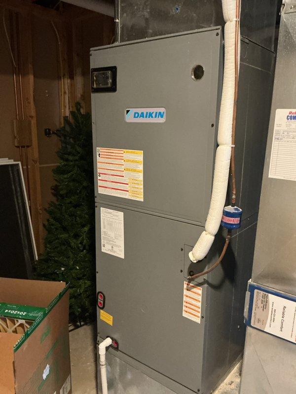 Completed annual spring maintenance on Daikin air handler system. Performed comprehensive inspection of unit including verification of refrigerant type (R-410A), indoor superheat reading at 56.8°F, and airflow performance at 1149 CFM with fan demand operating at 86.6%. Inspected control interface and confirmed proper system operation with fan runtime logged at 29,522 hours. Checked refrigerant lines, service valves, and insulation integrity. System operating within normal parameters. Note: 20x20x4 filter not included in service and requires separate provision by homeowner.