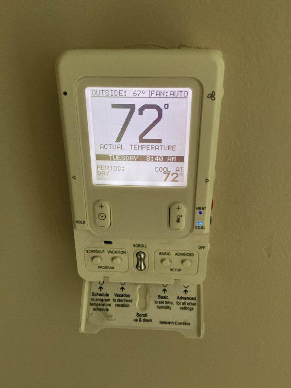 Completed basic monthly heating maintenance on two HVAC systems, performing standard inspections and operational checks. Technician documented existing Infinity Control thermostat (Model: SYSCXCCITC01-D, Serial: 1122W205479) and discussed customer's request for compatible replacement unit matching specifications from their Florida property. Filter size 16x25x4 was noted as not included in this service visit.
