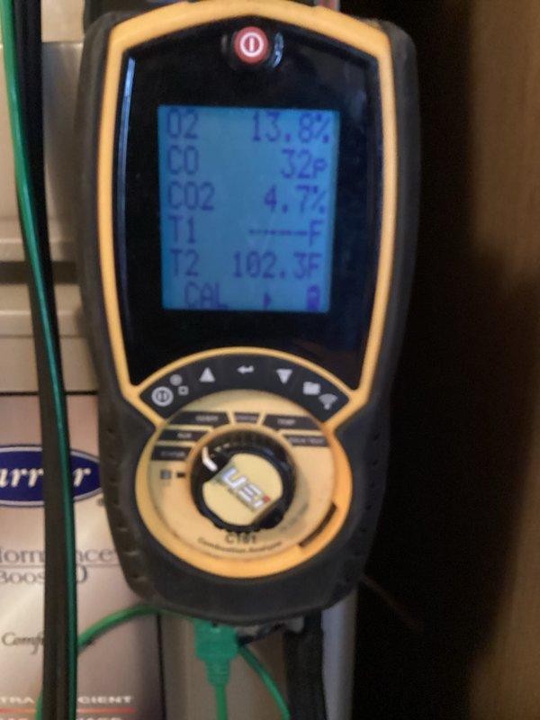 Completed monthly CCHP preventive maintenance service, replacing 16x25x4 air filter as scheduled. Performed combustion analysis testing showing oxygen levels at 19.8%, CO2 at 4.7%, and flue temperatures approximately 182°F, indicating proper combustion efficiency. Verified thermostat operation with system set to auto mode and emergency heat functionality available, with temperature setpoint at 66°F and humidity monitoring active. All equipment operating within normal parameters.