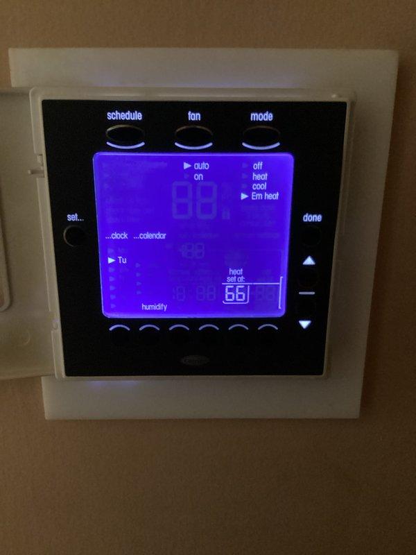 Completed monthly CCHP preventive maintenance service, replacing 16x25x4 air filter as scheduled. Performed combustion analysis testing showing oxygen levels at 19.8%, CO2 at 4.7%, and flue temperatures approximately 182°F, indicating proper combustion efficiency. Verified thermostat operation with system set to auto mode and emergency heat functionality available, with temperature setpoint at 66°F and humidity monitoring active. All equipment operating within normal parameters.