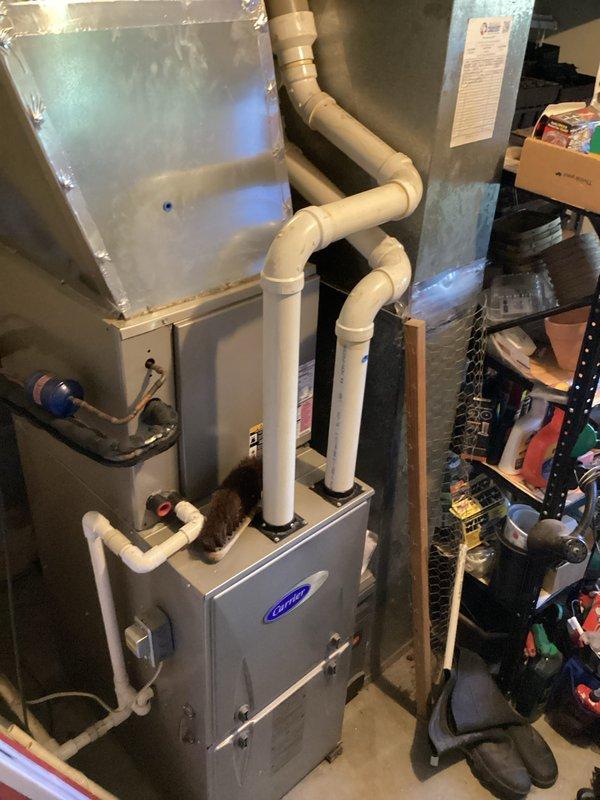 Performed scheduled monthly heating maintenance on the Carrier gas furnace, inspecting the cabinet, PVC combustion and condensate piping, evaporator coil housing, and plenum connections, with no rust, leaks, or significant damage observed. Verified thermostat operation, confirming heat mode and the programmed heating setpoint of 70°F. The 16x25x4 filter was not included in this visit.