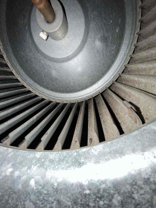 Performed a heating maintenance inspection on the attic-mounted air handler, checking the blower assembly, condensate pump, drain connection, and refrigerant line insulation. Observed dust and debris buildup on the blower wheel blades and minor surface rust at the base of the unit near the drip pan, and noted both for follow-up cleaning and monitoring.