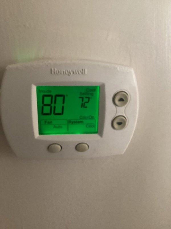 Performed diagnostic and tune-up on a 9-year-old split-system AC paired with a Tempstar gas furnace and air handler that stopped cooling two weeks prior. Inspected the air handler, plenum, ductwork, refrigerant lines, and condensate drain, and verified thermostat operation, which showed a call for cooling (Cool On, setpoint 72°F) with indoor temperature holding at 80°F, confirming the system is not meeting setpoint.