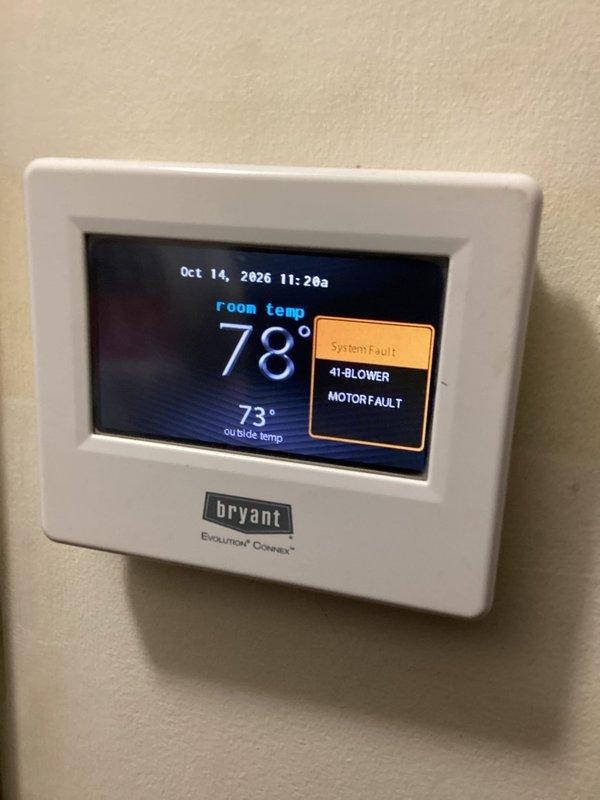 Performed a second-opinion diagnostic on a Bryant Evolution Connex system and reviewed the thermostat fault log, which showed an active 41-Blower Motor Fault preceded by a 210-Excessive Static Pressure event. Documented the fault codes with photos and evaluated the system to provide the customer with repair and replacement options for the unit.