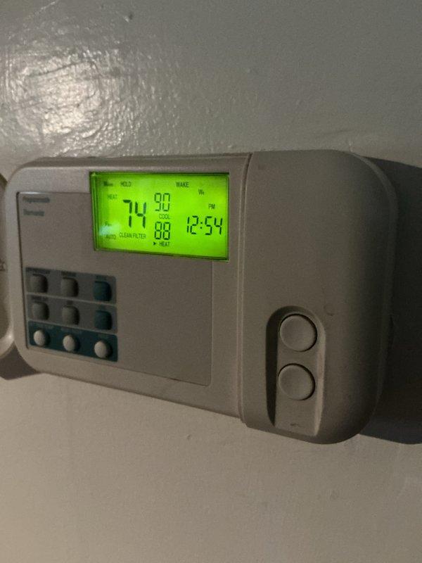 Performed scheduled heating maintenance, replacing the 16x25x1 pleated air filter to restore proper airflow and system efficiency. Verified thermostat operation in heat mode, confirming the unit was calling for heat with the display reading 74°F and no visible damage or abnormalities.
