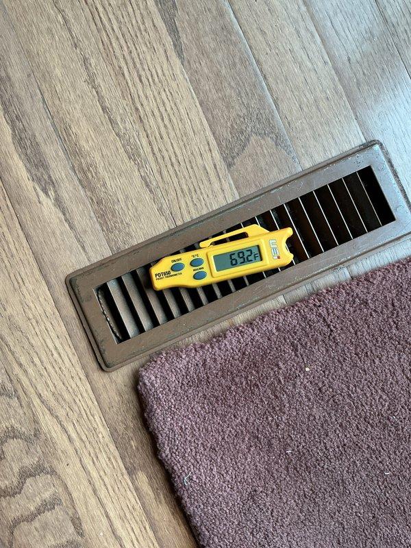 Performed scheduled heating maintenance on two systems (CCHP heat pump and CCH), including replacement of 20x20x1 air filters. Verified heat pump operation via thermostat diagnostics, recording 9,041 compressor runtime hours, outdoor fan speed of 374 RPM, 73.4°F outdoor air temperature, and 109.8°F outdoor coil temperature with compressor reduction mode off. Confirmed heating performance with a supply register temperature reading of 69.2°F.