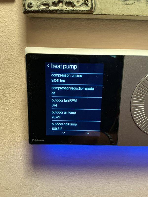 Performed scheduled heating maintenance on two systems (CCHP heat pump and CCH), including replacement of 20x20x1 air filters. Verified heat pump operation via thermostat diagnostics, recording 9,041 compressor runtime hours, outdoor fan speed of 374 RPM, 73.4°F outdoor air temperature, and 109.8°F outdoor coil temperature with compressor reduction mode off. Confirmed heating performance with a supply register temperature reading of 69.2°F.
