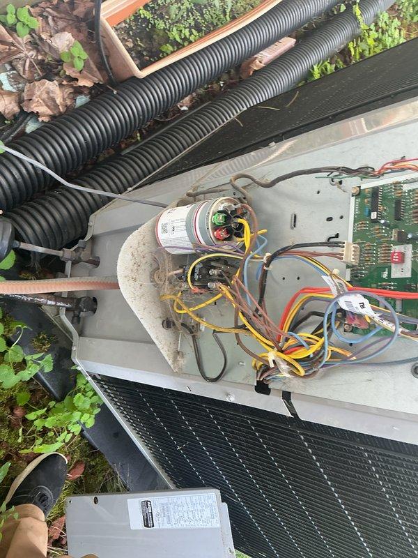 Performed routine monthly heating maintenance on two systems, inspecting the indoor air handler's blower assembly, control board, wiring, and condensate drain piping, as well as the outdoor condenser's electrical compartment, including the dual-run capacitor, wiring connections, and control board. Verified proper component condition and system operation, with no signs of frost, rust, or major damage observed. Noted dust and debris accumulation and surrounding vegetation near the outdoor unit, and the 20x20x4 filter was not included in this visit.