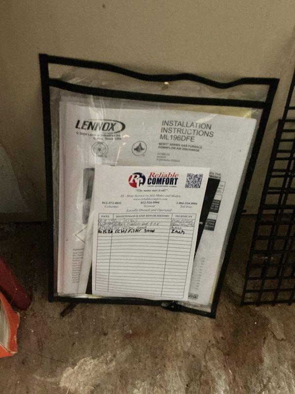 Performed scheduled seasonal heating maintenance on a Lennox ML196DFE downflow gas furnace under the Comfort Club plan. Inspected the burner assembly, gas valve, draft inducer, pressure switch, and flue connections with the access panel removed, and found no evidence of cracking, rust, or frost, though light dust and soiling were present. Replaced the 20x20x4 return air filter, verified the equipment documentation and maintenance history were up to date, and recorded the visit.