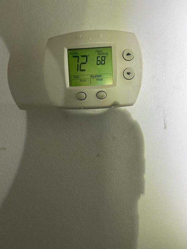 Performed routine monthly maintenance on the heating system, replacing the return air filter and documenting the filter size as 16x20x1. Verified thermostat operation in heat mode with fan set to auto; the system responded normally, with the indoor temperature at 72° against a 68° setpoint.