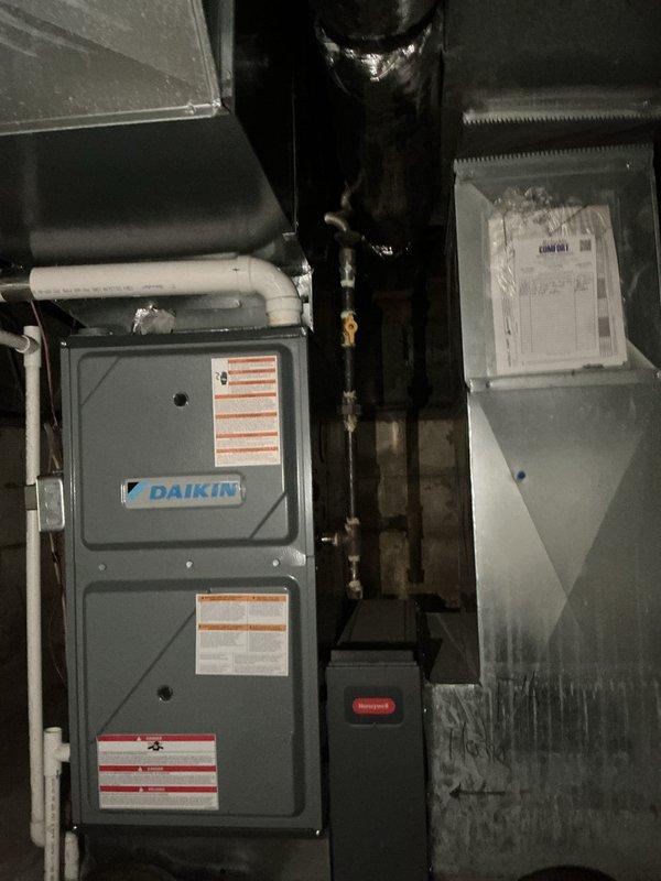 Performed scheduled monthly maintenance on the Daikin gas furnace and associated cooling system, including inspection of the gas supply piping and valve, electrical junction, PVC condensate and venting runs, and supply ductwork. Replaced the 16x25x1 air filter. Visual inspection found no evidence of leaks, frost, ice, or rust on the equipment, and the adjacent water heater, gas line, and venting were also checked and found in normal condition.