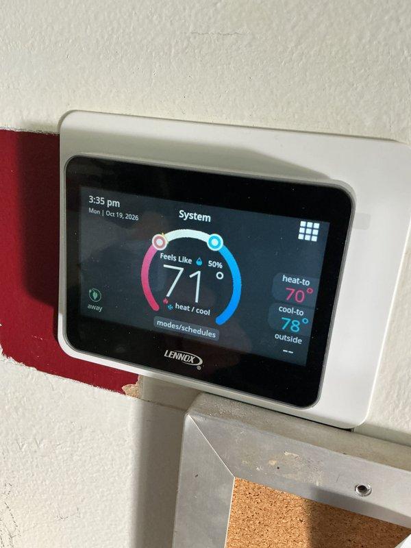 Performed seasonal heating maintenance on the Lennox-controlled system under the Basic plan, including installation of a new 16x20x1 air filter and verification of thermostat operation in heat mode. Measured supply duct air temperature at approximately 80.9°F with a digital probe thermometer to confirm heating output, and the system was found operating normally.