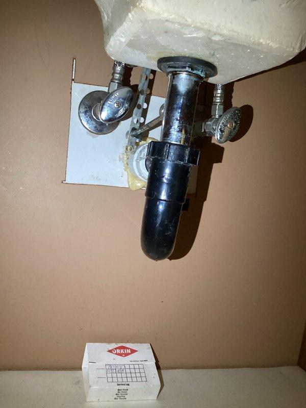 Performed a monthly plumbing inspection, including a visual check of the sink drain assembly, P-trap slip-nut connections, angle-stop shutoff valves, and braided supply lines, with no active leaks observed. Noted minor tarnish and discoloration at the drain tailpiece and flange, and sealant at the trap connection near the wall. Also inspected the water heater's supply lines, fittings, and temperature and pressure relief valve labeling, finding all connections intact and in service.
