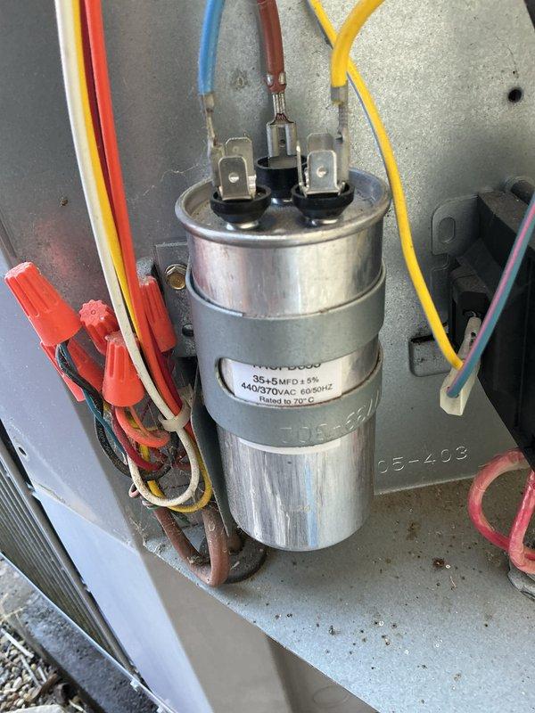 Performed prepaid maintenance on both the furnace and AC system, both two years old and operating properly. Inspected electrical components at the outdoor unit, including the dual-run capacitor (35+5 MFD, 440 VAC) and wiring connections, with no signs of rust, frost, or damage observed. Verified filter size of 13 x 21.5 x 1 per equipment records; both systems were left in proper working condition.