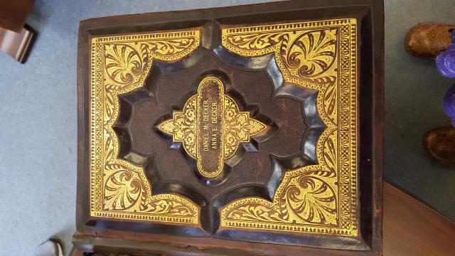 We repaired and restored this ornate 1882 family Bible.  It was a birthday gift for Grandma.