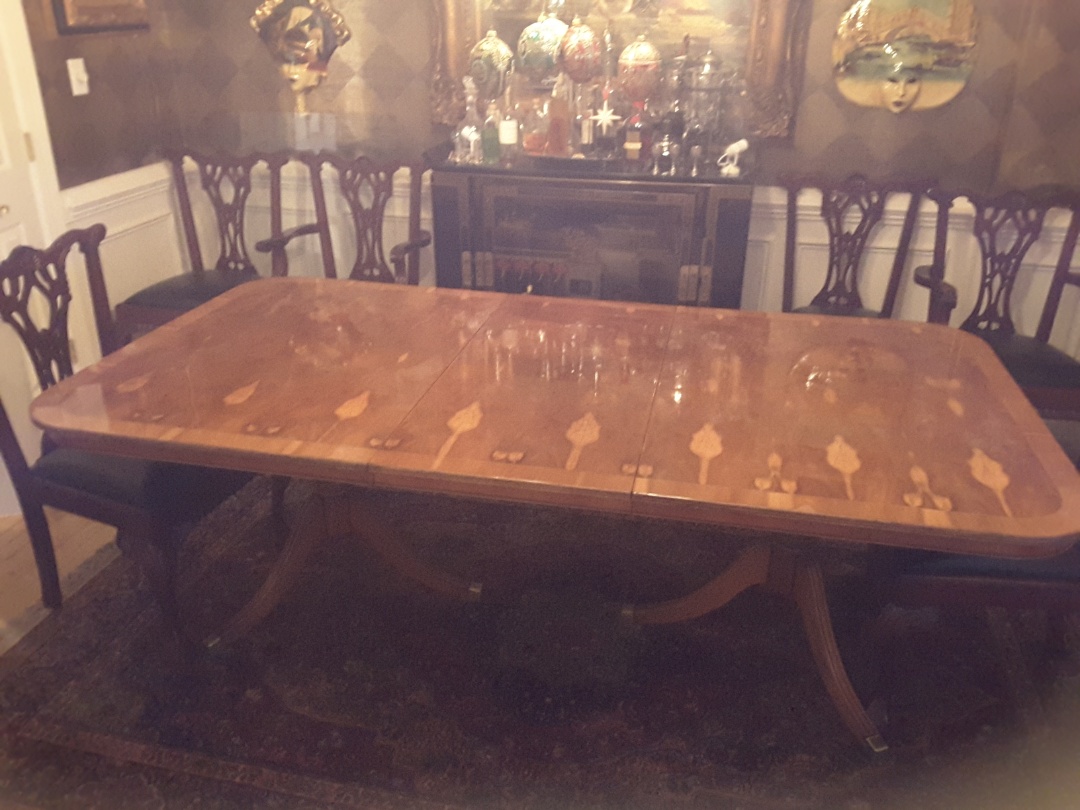 Total Restoration of an antique English ewe wood table, repairing veneer  from water damage, restoration of the finish and buffing to high gloss