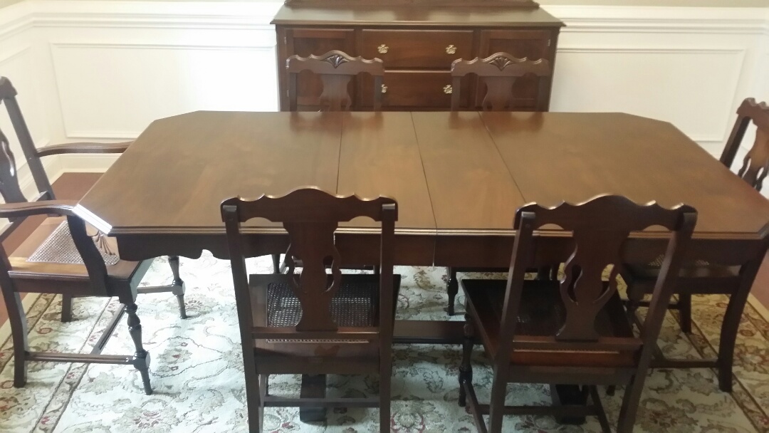 Refinished vintage dining set. chairs in need of recane chairs or upholstery repiar. restore antique wood table to new condition and match upholstery to antique couch upholstery