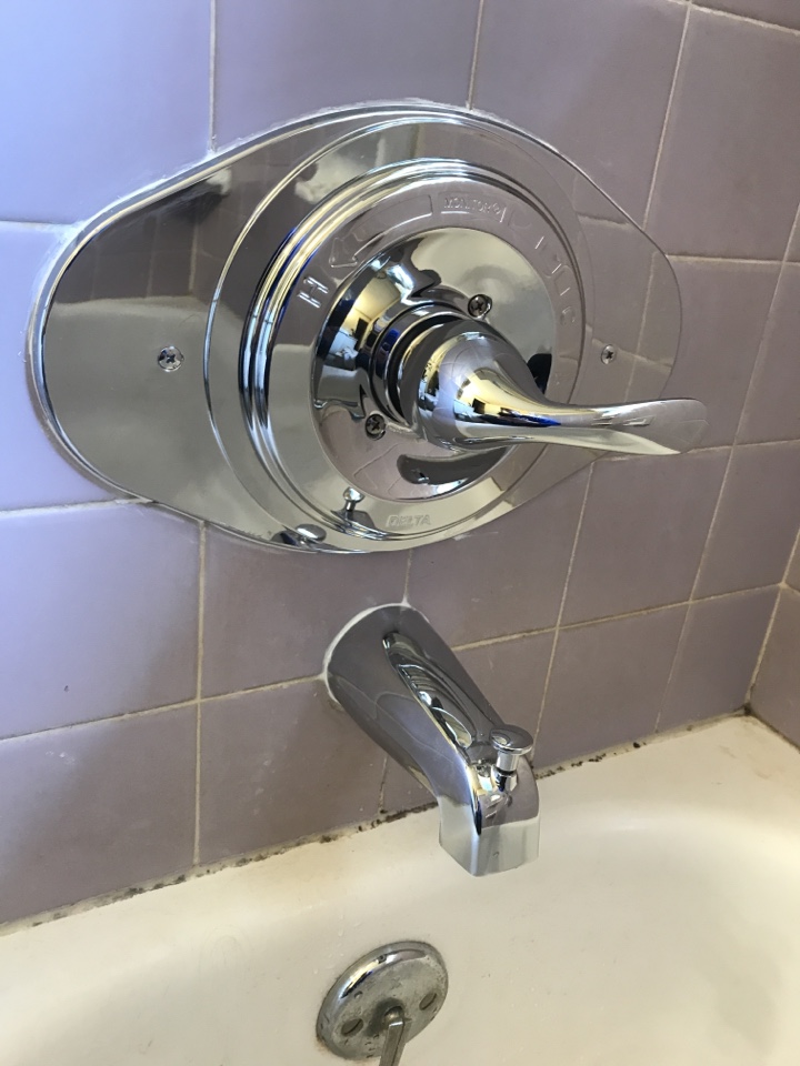 Replaced three handle tub and shower valve with new single lever Delta Chrome tub and shower valve. 