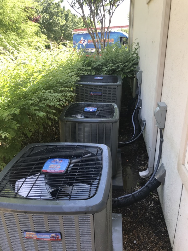 Service call, working on three Amana 18 seer two stage air conditioner s . Performing tune up  and replacing media air filter s