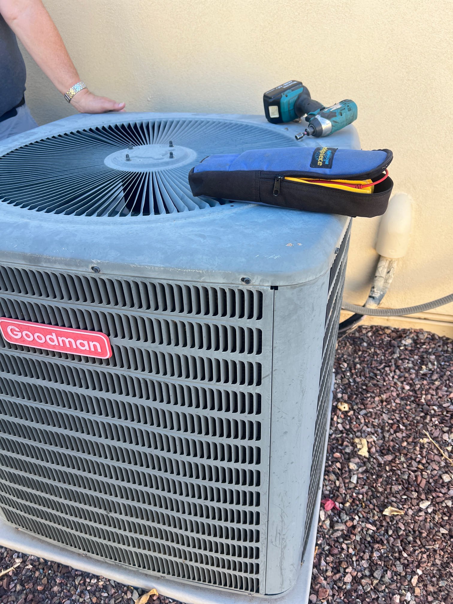 The unit had a bad outdoor fan motor. This caused the compressor to overheat and damage the capacitor. I replaced the 825 outdoor fan motor and 70 capacitor. The unit is operating properly at this time.

DESCRIPTION
Platinum Cool Home Membership - 1 System
Includes two maintenance visits per year 
Front of the line, priority service over everyone else, guaranteed service within 24 hours
Discounted $37 diagnostic fee (versus regular diagnostic fee of $97)
No weekend or after hour fees
100% of your protection plan goes toward your future system replacement (capped at $1,500)
10% Discount on any repair work needed
$200 Discount on Home Performance upgrades
https://www.idealairaz.com/flipbook/cool-home/?page=1
