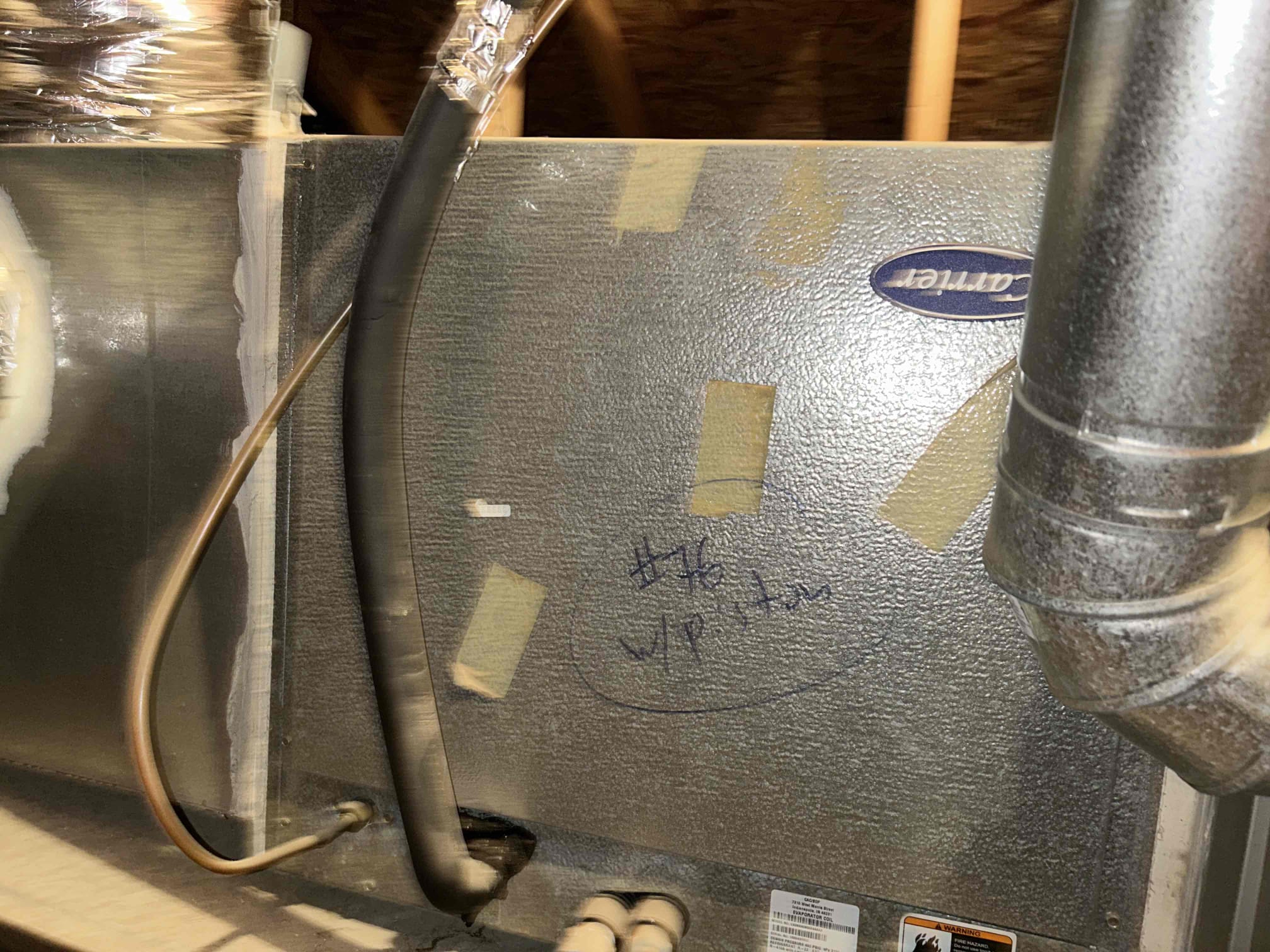 Arrived to home
Checked system
Found no 24V going to condenser
Went into attic
Found Bosch condenser connected to 2005 Carrier coil with 76 piston (should be TXV)
No surge protectors in place
Overflow pan with standing water
No clean out for drain 
No float switch


Reset system
Came back on line
Temp split fluctuating (due to lack of TXV)

Spoke with Ron regarding concerns of system 
