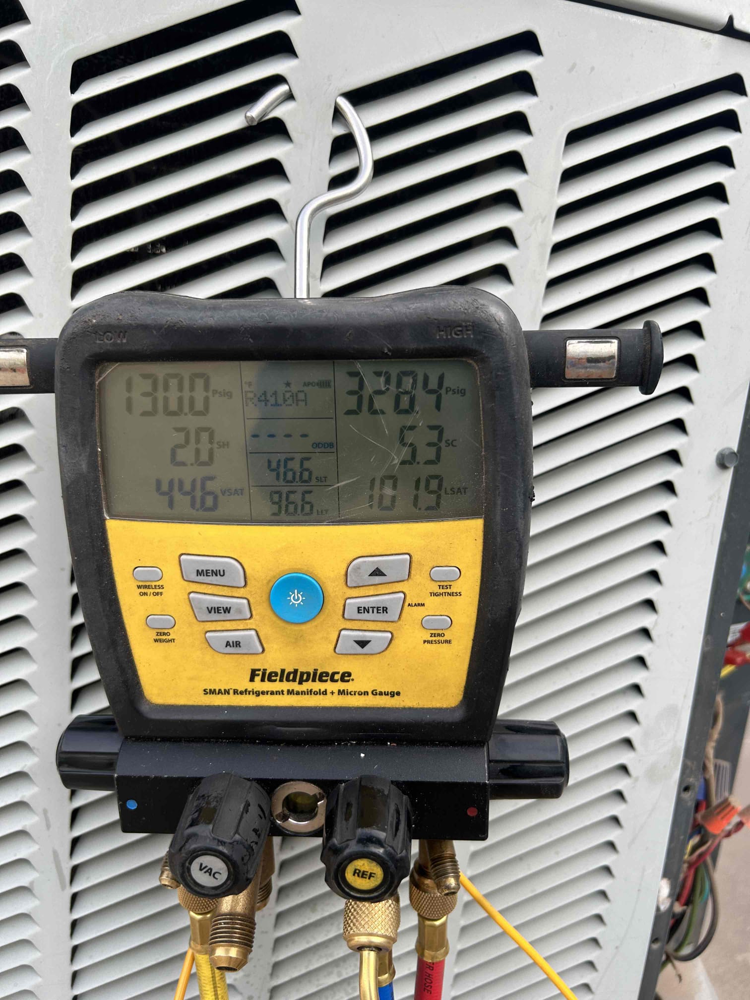 Cooling inspection done. System is found with high start up and had blockage at condensate line. Some build up found in indoor coil. Recommendations spoken about are attached to this invoice. Unit is cooling at departure.