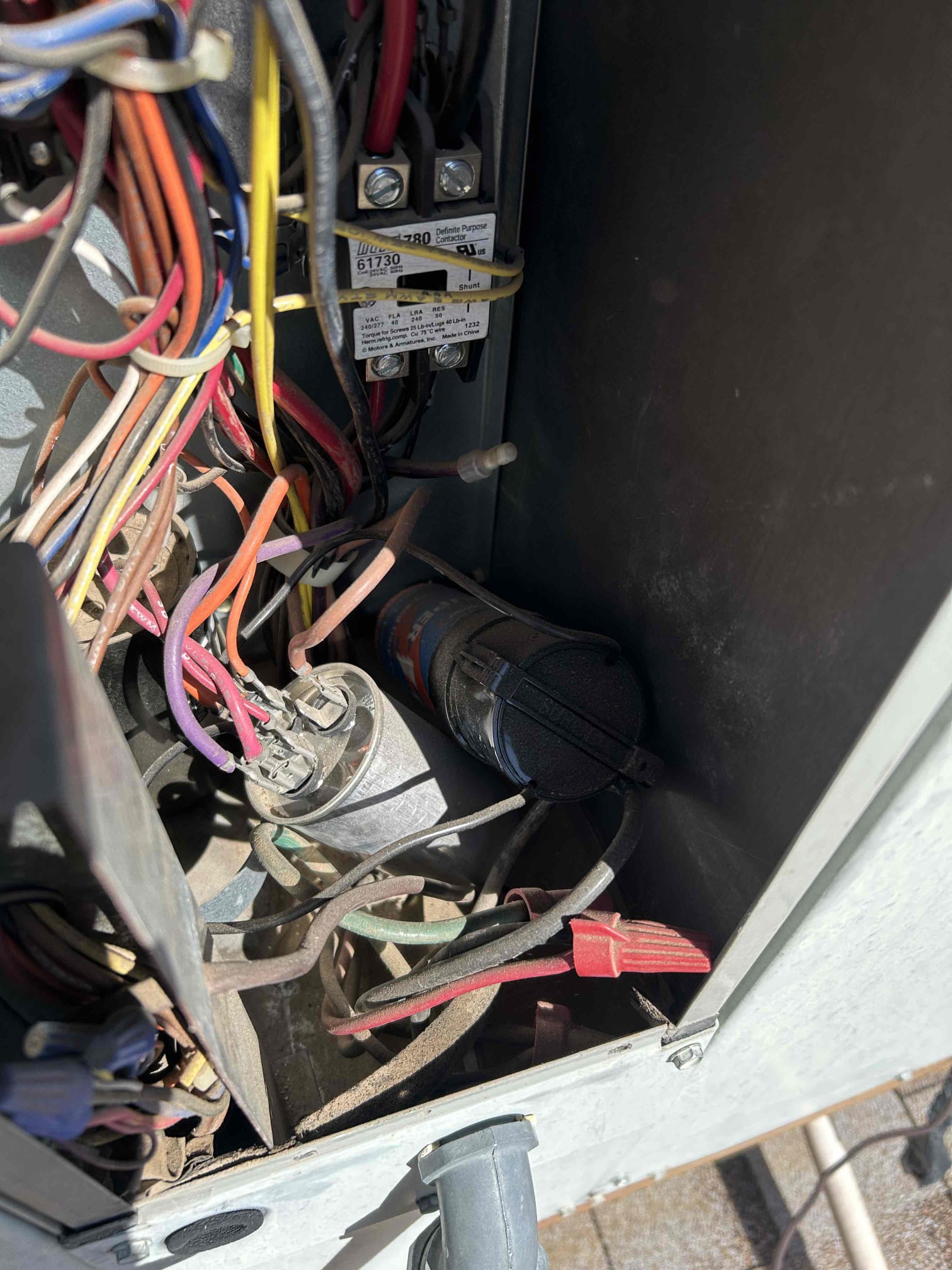 Arrived to home
Checked thermostat 
Set for 72
Checked unit
Found burnt C wire to compressor
2 - inrush kits installed (1-kickstart)
Dual capacitor at 0/30&0/5
*fan motor may fail due to capacitor 
**compressor may fail due to having 2 inrush kits installed

Performed repairs
Had to cool compressor with water
Inrush kit
Amrad capacitor 