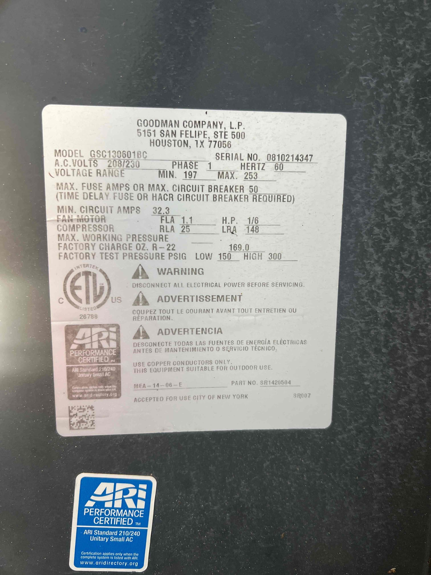 The common wire had shorted to the capacitor run wire for the outdoor fan motor, causing the motor to not operate. I repaired the wires and verified operation. The unit is operating properly at this time.