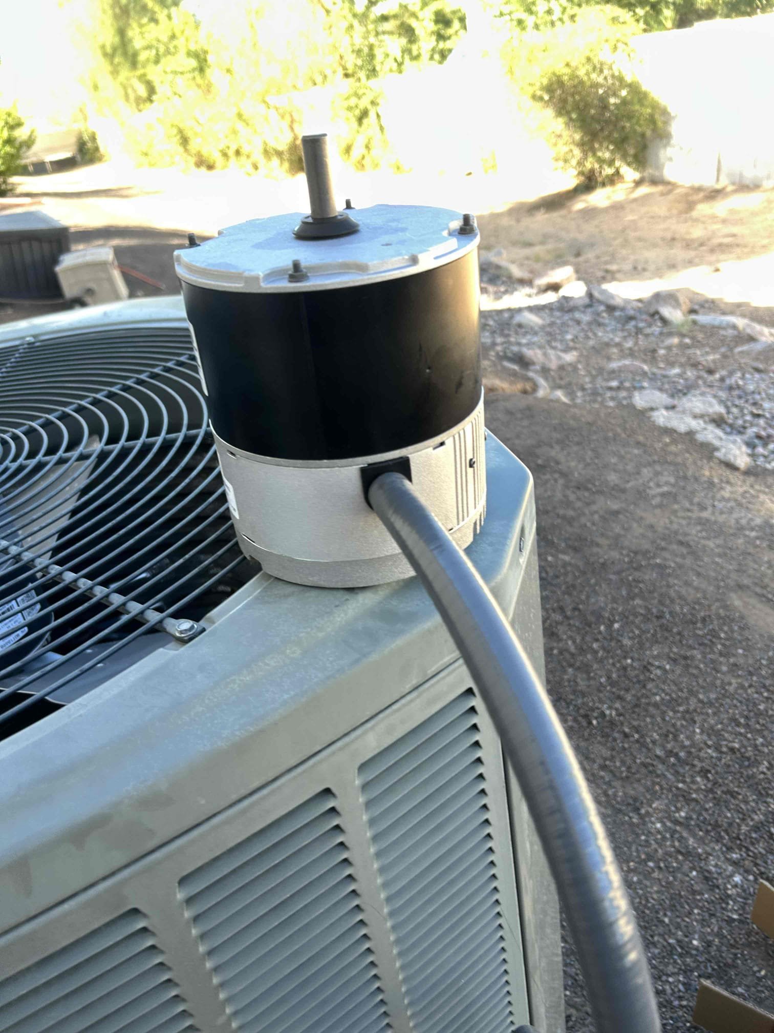 Returned to home
Performed repairs
Started and verified operations

Condenser fan motor
