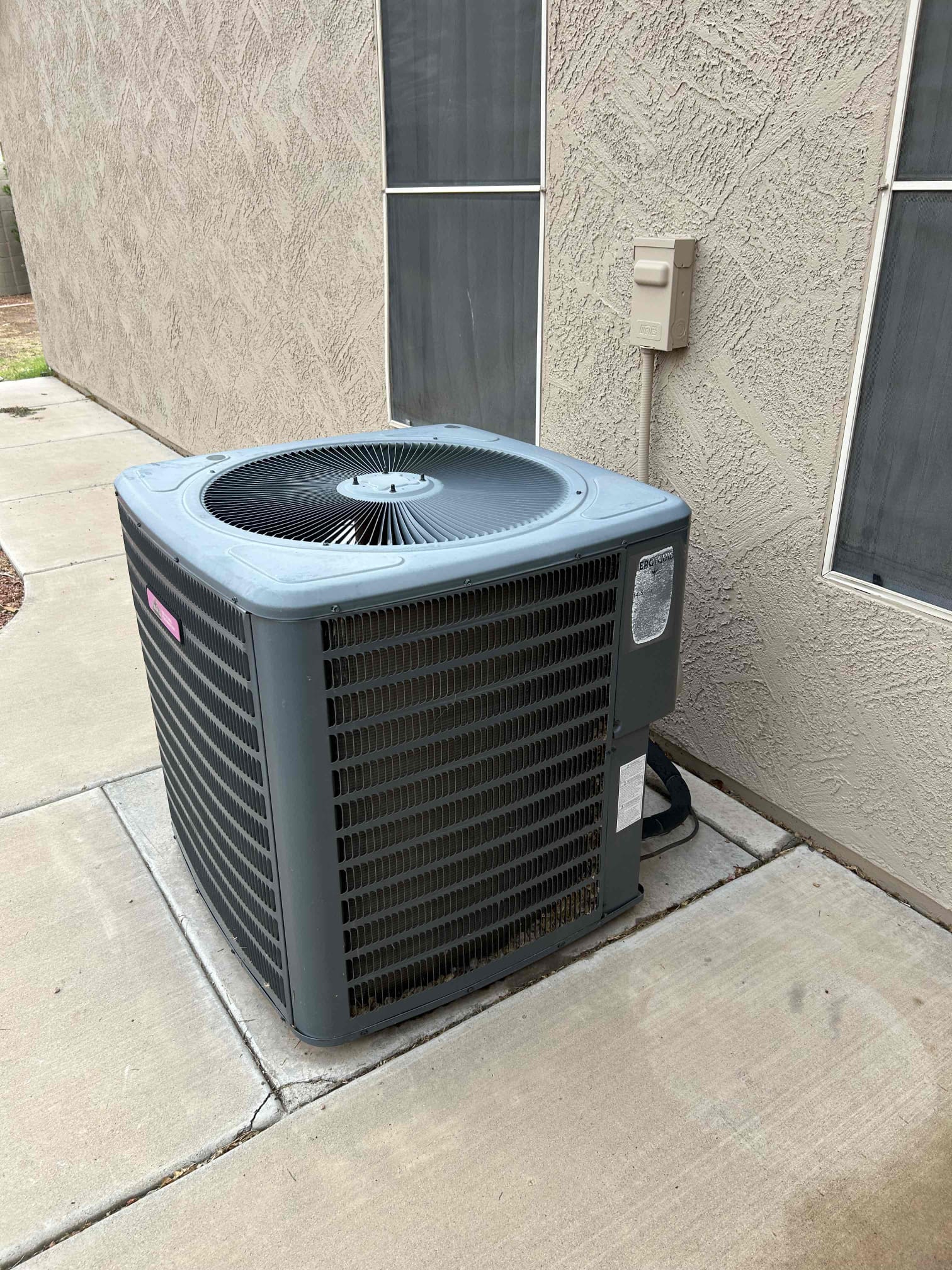 Arrived to home
Set thermostat to cool
Checked system
Found capacitor failed
Windings on compressor damaged due to high amps
Bougainvillea leaves stuck to condenser coils
Waived diagnostic and discounted cleaning with membership
*checked Goodman website - system was not registered 

Amrad capacitor
Inrush kit
Condenser cleaning 
Membership