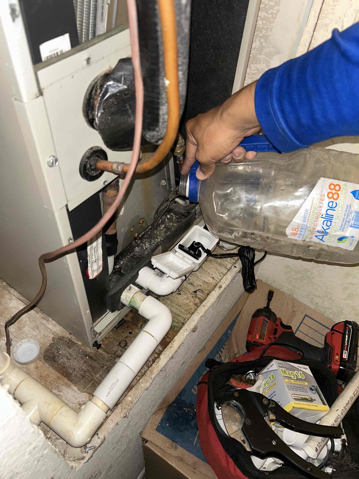 Call was made for leaking water at the indoor unit. After clearing line and adding float I tested the system and had a zero degree split. After further investigation the system is found low on charge. There are oil stains at the outdoor coil. This is an indication of a leak. I have attached the proposal for coil repair. I have also set up the homeowner with an appointment for new equipment replacement. System is down.