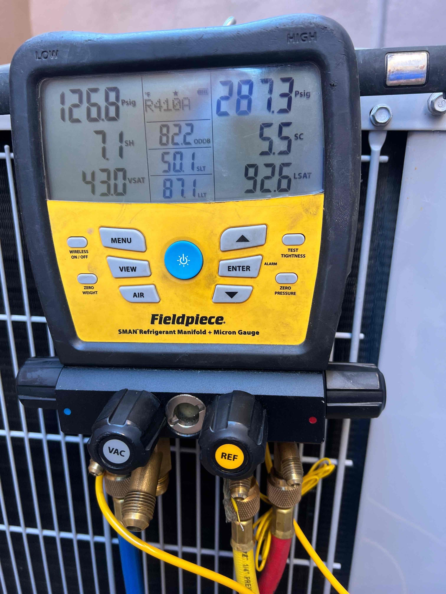 Service valve on the liquid line failed after TXV replacement causing freon to leak out. Replaced valve and charged the unit back to factory specifications.