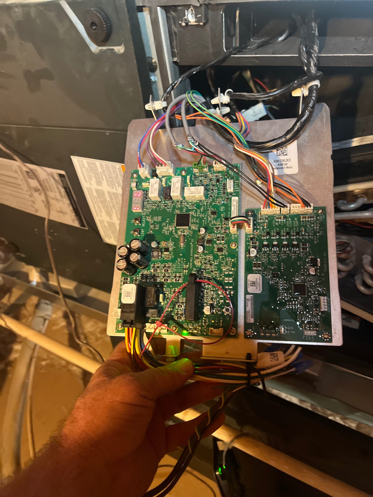  I spoke with the homeowner the night before, and the unit was displaying fault codes of clogged condensate. Also, it had stored codes of high voltage cut out low-voltage cut out and the unit cleared its own codes and was operating properly in the morning by the time I arrived. This indicates issues on the control boards. I replaced both control boards and verified operations