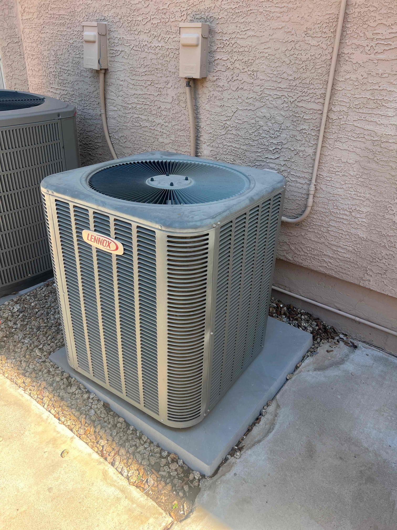The outdoor fan motor for the upstairs unit has bad bearings. I replaced the 825 fan motor in the unit is operating properly.