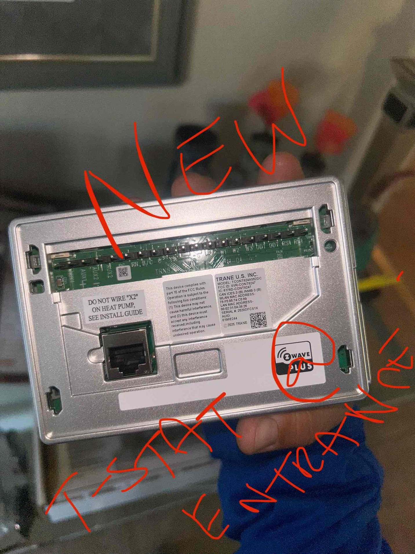 Replace Trane XL824 Thermostat under Mfr's Limited Parts Warranty
Built-in Nexia Bridge, the hub for the Nexia system
Only Compatible with Trane Communicating systems
Compatible with Trane Comfort Link II Zoning Systems
7” color touchscreen
Create up to six daily heating and cooling schedules
Indoor relative humidity display
Wi-Fi or Ethernet connection
5-day weather forecast & weather radar*
Nexia™ Diagnostics compatible

Thermostat replaced is located at entrance.