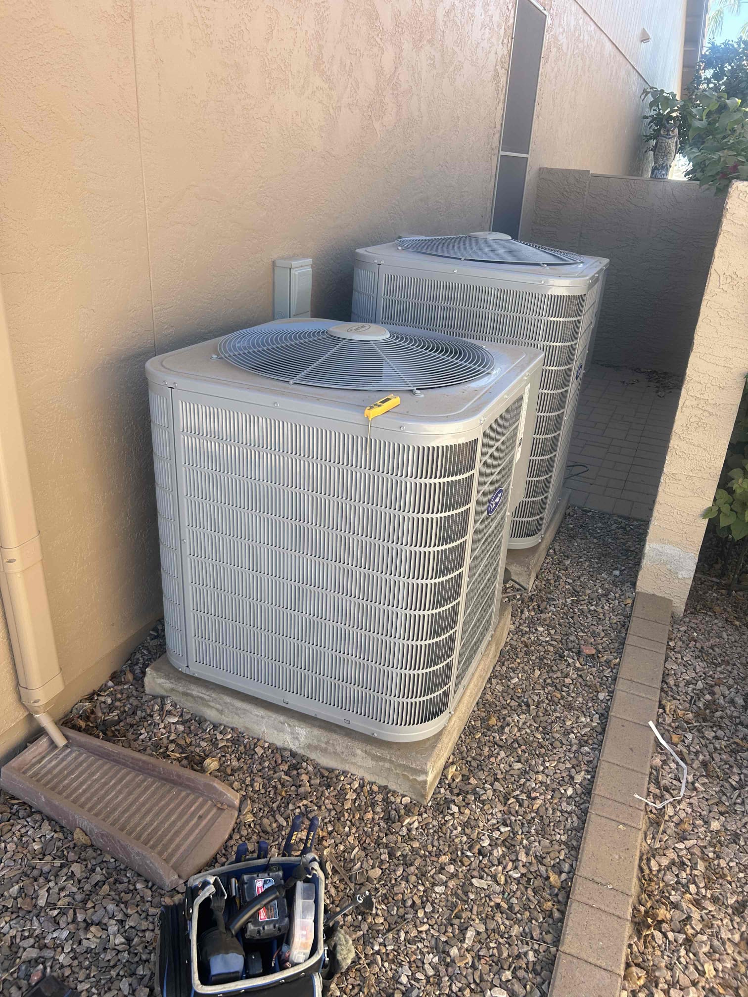 Performed inspection in cooling x’2. Found smaller unit slightly low on charge. Added 1lb r410a to charge to specs. 

R- 410a Adjust Refrigerant level: 1st Pound
RECOMMEND LEAK SEARCH BEFORE ADJUSTING REFRIGERANT CHARGE
Purge gauges to ensure no non-condensables enter system
Use digital scale to weigh in refrigerant
Adjust according to units TP chart and super heat and sub cool