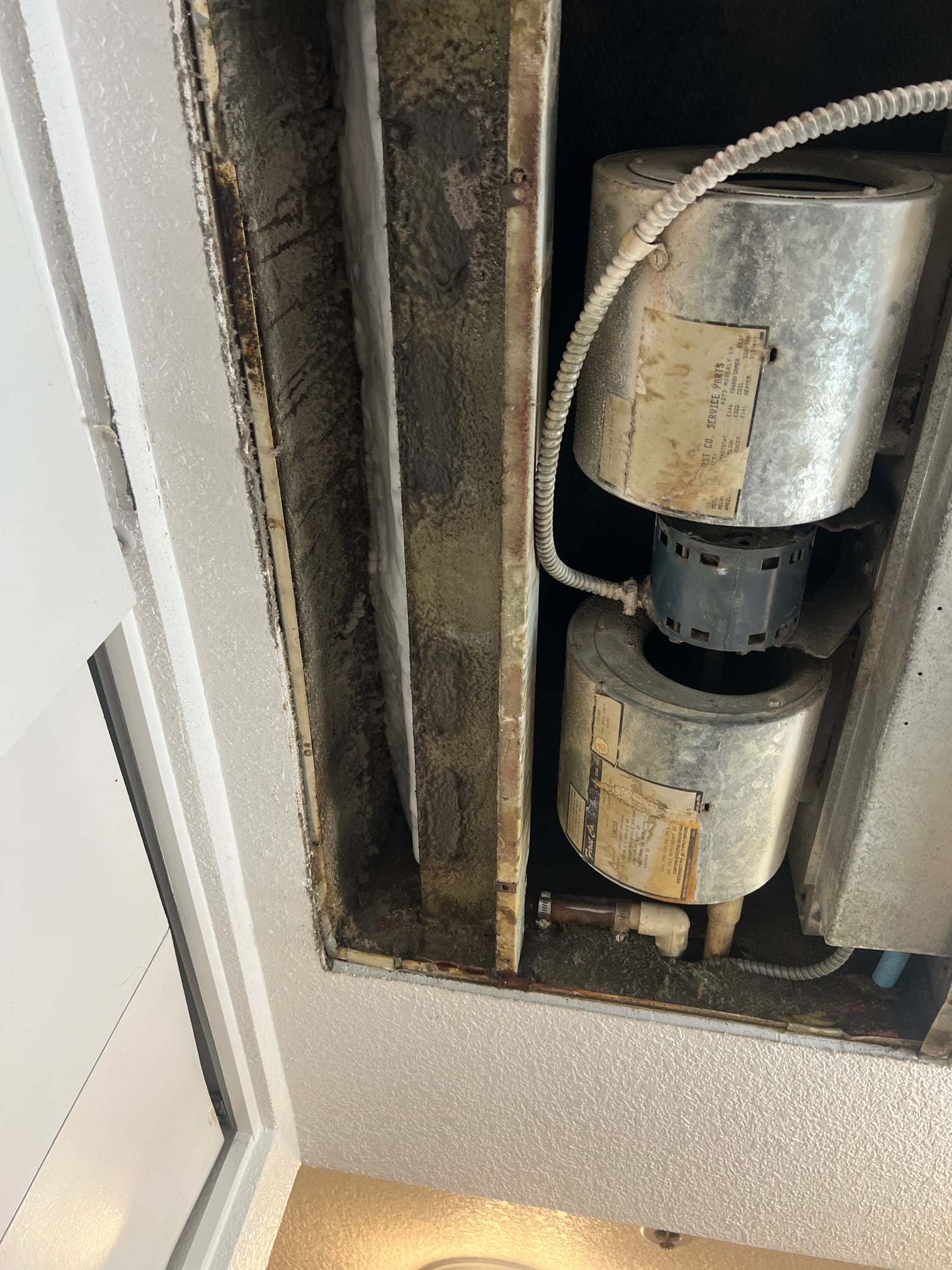 The unit was frozen over. The thermostat had a wire that came out not allowing the blower to run. I measured for the filters. These will need a cut to fit filter 35 inches long by 7 1/2 inches wide. These can be found at Home Depot, true value or Ace. The unit is still frozen and is not a heat pump. I had Sierra run the blower until the ice is gone so she can get cooling again. 
The unit was frozen over. The thermostat had a wire that came out not allowing the blower to run. I measured for the filters. These will need a cut to fit filter 35 inches long by 7 1/2 inches wide. These can be found at Home Depot, true value or Ace. The unit is still frozen and is not a heat pump. I had Sierra run the blower until the ice is gone so she can get cooling again. 