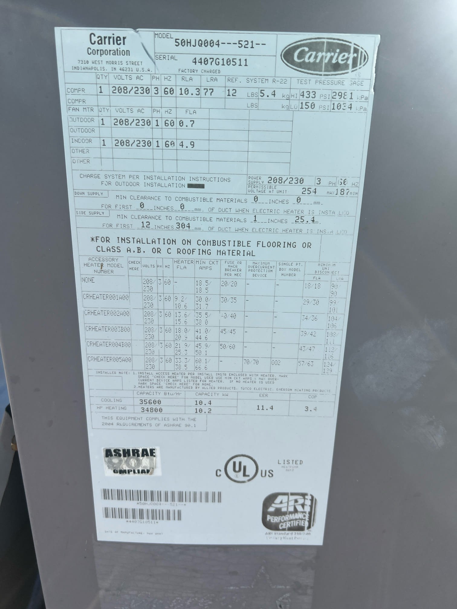 The unit has a bad compressor. The compressor was trying to start and was running at 65.7 A and shut down on internal overload. The compressor was grinding. The compressors rated at 10 A running max. The unit has a discontinued Freon and recommend unit replacement over repair. However, the repair is available but not recommended. ( unit is manufactured in 2007) We are going to, send our advisor out to look at the system and give proposals on unit replacement 