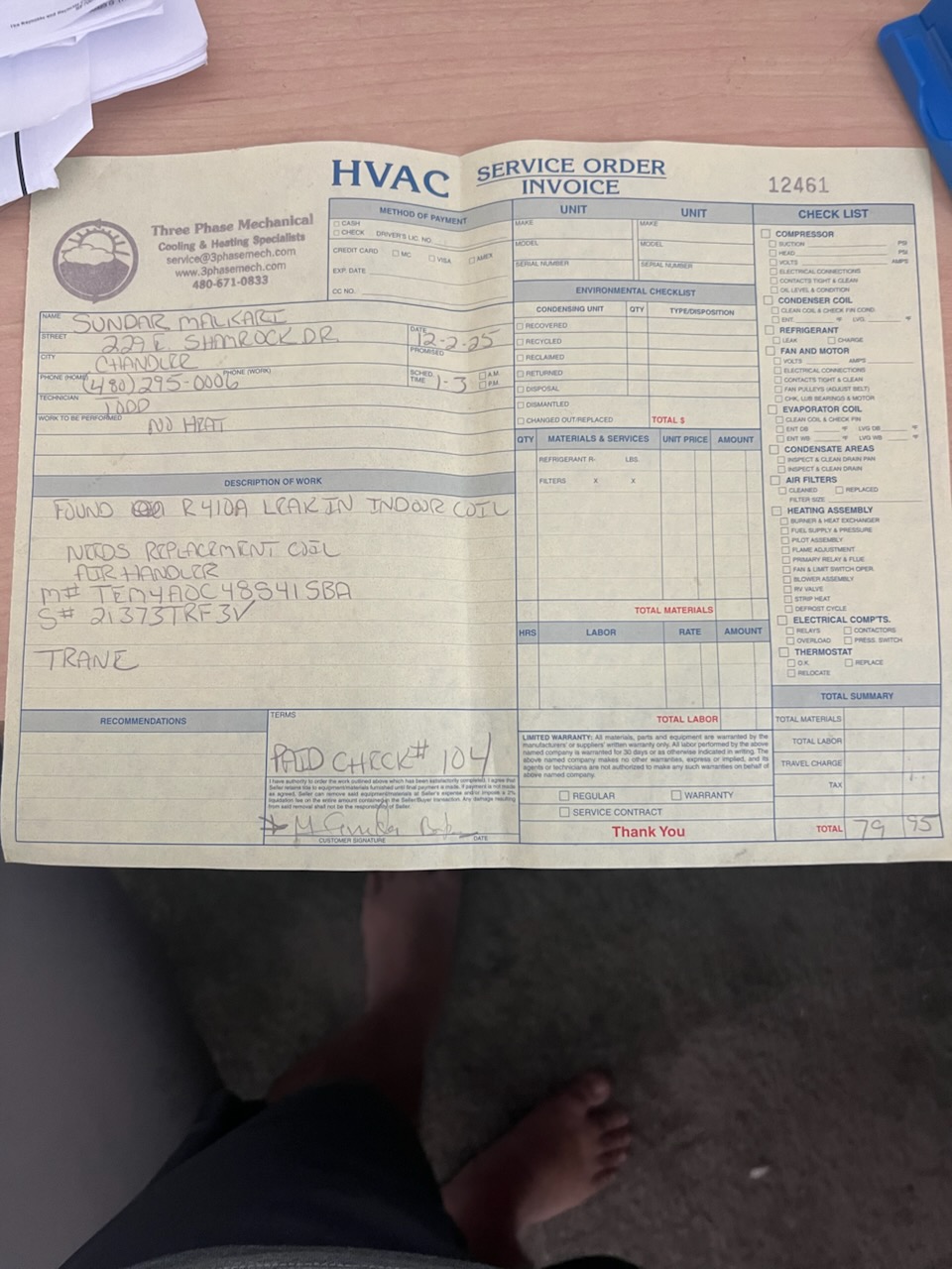 2nd opinion. Verified system was low on refrigerant. Condenser not operating, the low pressure switch was set off, LED code indicating a soft lock out. Performed a visual inspection on entire system and was not able to find any immediate signs of a leak. A basic leak search is recommended to pin point location of leak. Options have been attached to this invoice. 