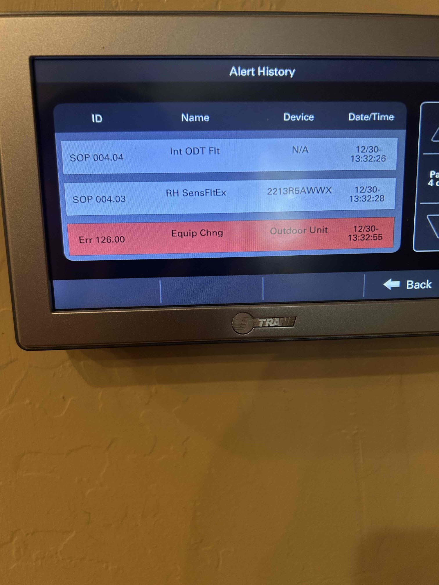 Electrical company was working on home/ installing panels. Error codes indicated loss of communication to outdoor unit. Once power was restored to the equipment the alerts went away. 