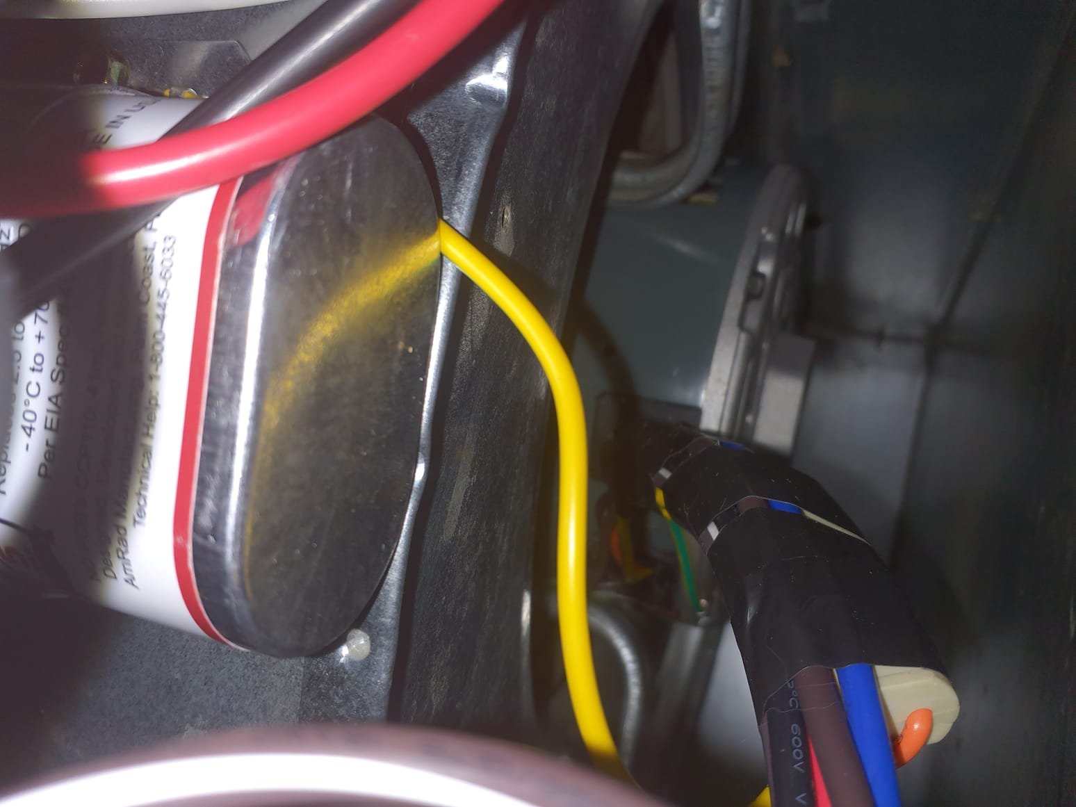 Upon arrival, furnace is shutoff at power switch. Powered on system and atremted a blower run test. Blower motor makes a humming noise but does not spin. 5uf capacitor replaced in December is still good. Blower motor has failed with open internal windings. 
Failed blower motor replacement. Oem 1/3hp blower has failed and will not spin. Replaced with new universal PSC blower motor and test run operation. 