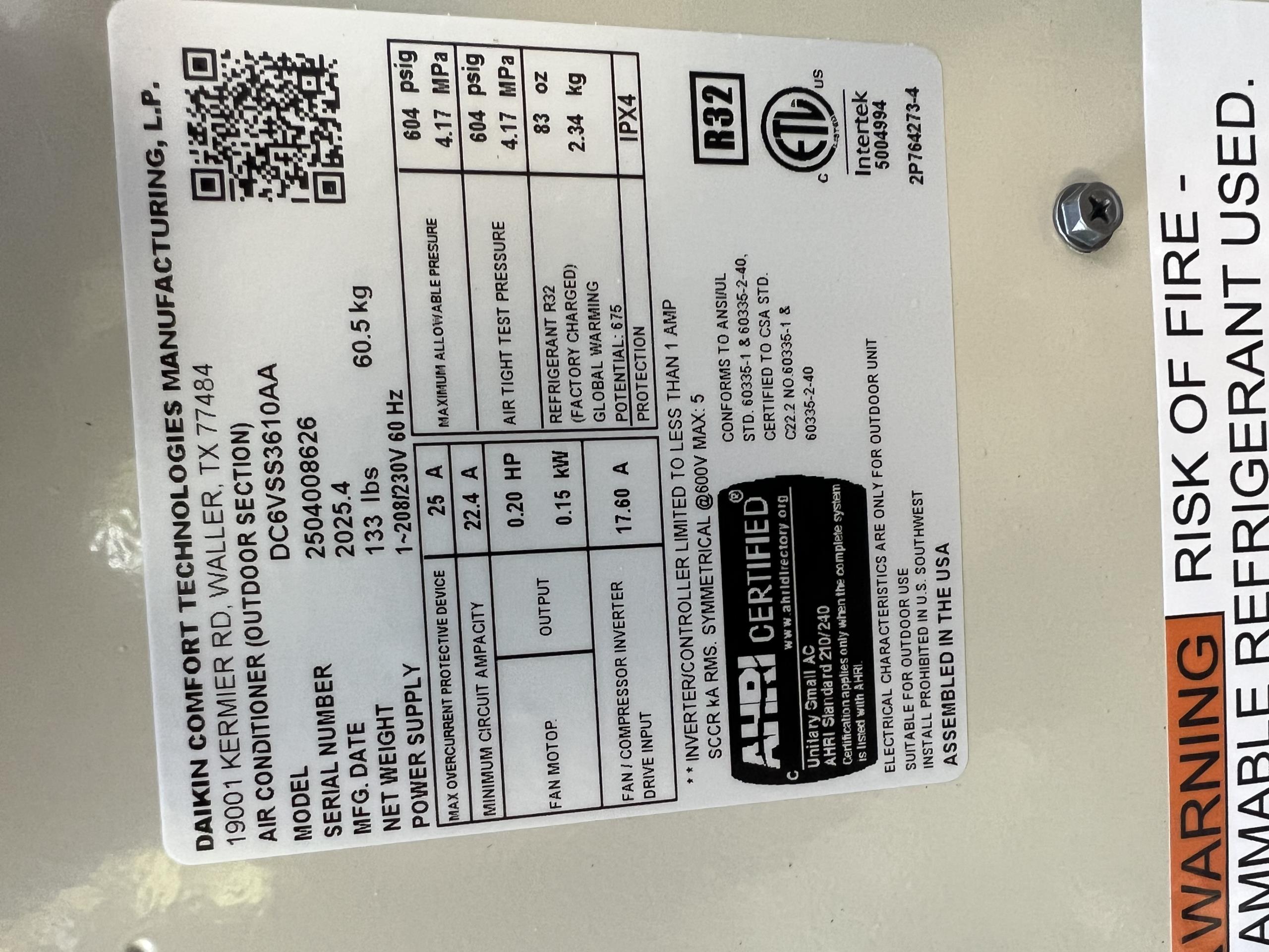 Install New Daikin FIT HVAC System
*Two Stage - Variable Speed Furnace:
Model #: DR96TC0803BNAA
Serial #: 2501554234
80,000 BTU's - 96% AFUE
*Variable Speed Air Conditioner:
Model #: DC6VSS3610AA
Serial #: 2504008626
3 Ton - 17 SEER2
*Matching Indoor Coil: 
Model #: CAPEA3626B3AA
Serial #: 2412429407
*Daikin One+ Thermostat: DTST-TOU-A
Serial #: EA2404016962

Installation:
* Reconnect to existing gas line and electric
* Transition to existing supply and return ductwork
* Start up and commission new system
* Aprilaire 1210 (20x25) Media Air Cleaner

Warranty:
12 Year Daikin manufacturers Parts Warranty (Annual maintenance must be performed)
2 Year Westin Air Labor Warranty (Annual maintenance must be performed)
Daikin manufacturers Lifetime Heat Exchanger Warranty (Annual maintenance must be performed)