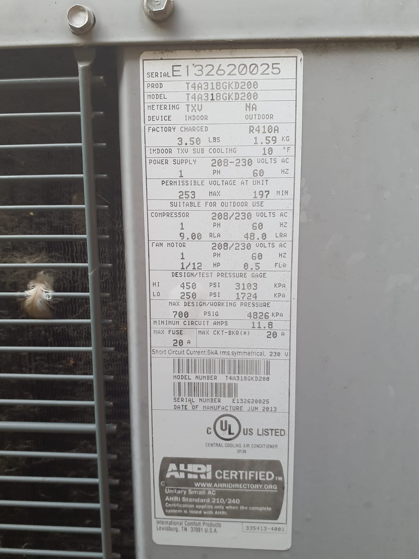 2013 Carrier AC running in good condition. 16x25x1 air filter is new today. Visual inspection of indoor coil. Flush drain pan and drain lines. Run test unit in cooling mode from thermostat. Delta t of 18F with supply temp of 55F. Refrigerant pressures are within spec. Outdoor coils are in clean condition. Outdoor fan motor and compressor are operating within specs. System is operating properly, efficiently and ready for Summer. 
