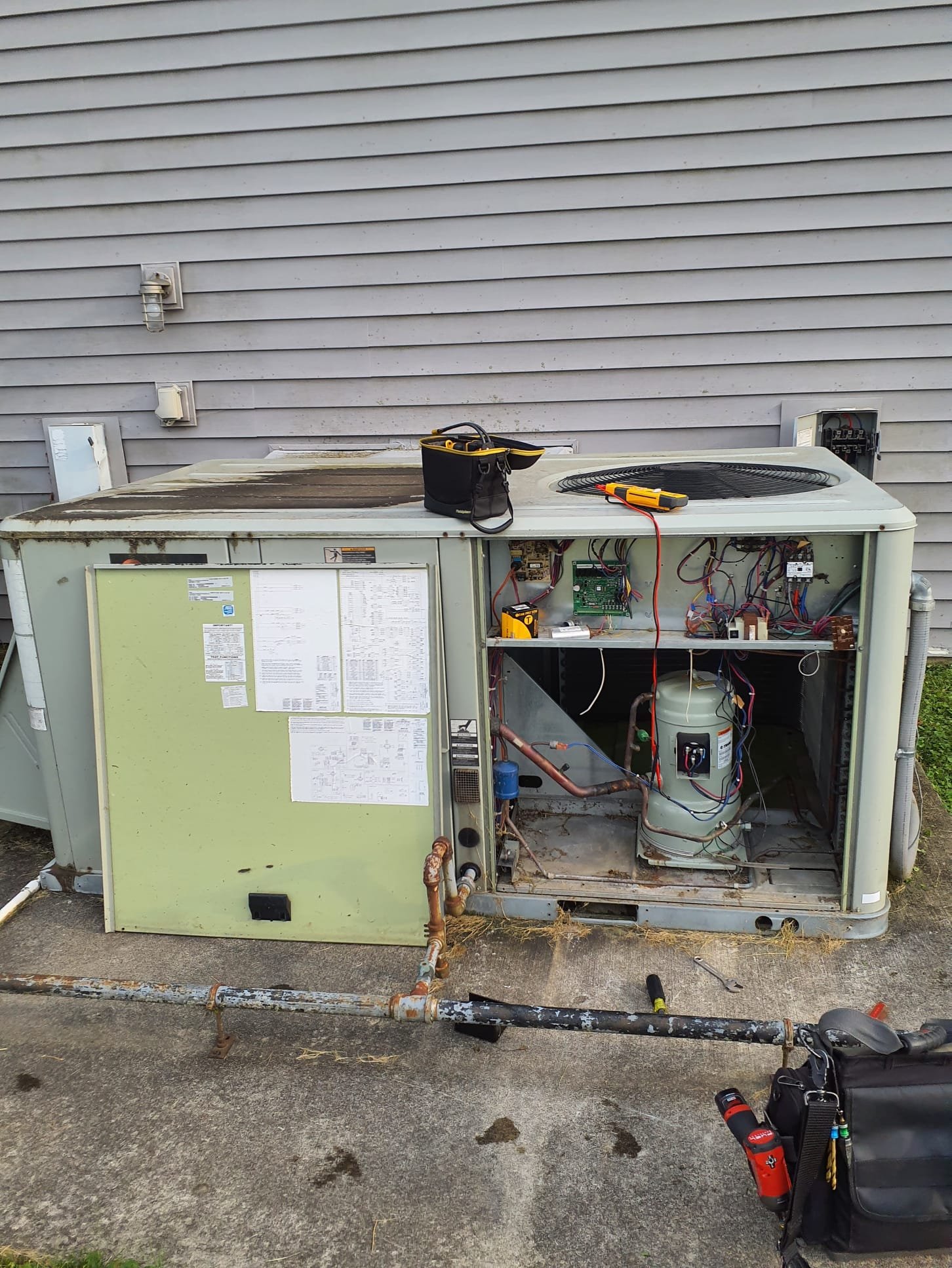 Unit 8A
Compressor shorted to ground
Outdoor fan motor shorted to ground

We will quote replacement of the Compressor and motor with no guarantees of functionality due to possible other issues
Compressor appears to be 2 years old, with failure in such a short time, there is likely a deeper issue with this system that justifies replacing the entire unit vs repairing it. 

Food pantry building AC has a grounded Compressor, too
Electric heat inside, recommend changing it to a heat pump to save on heating energy costs
We will quote a Compressor replacement and system replacement/upgrade