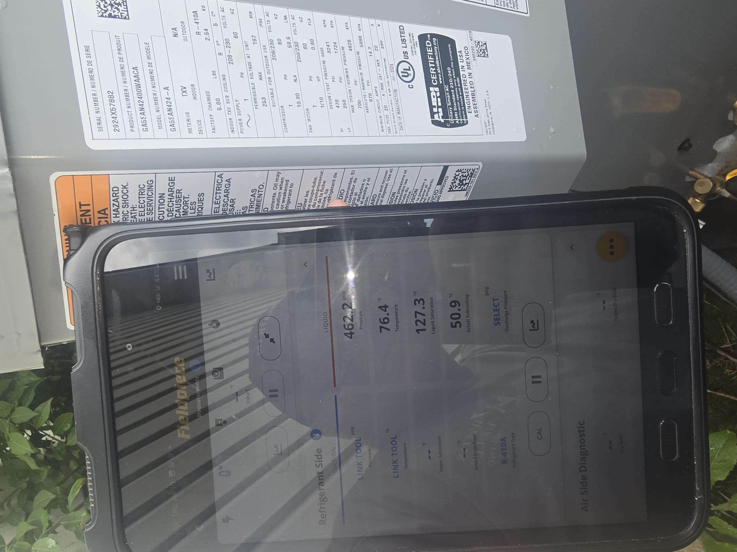 Older Rheem unit is very low on R-22 refrigerant. Running suction pressure of 30psi with 60F Super Heat. System could have leak search performed, or be charged to factory specs with UV Dye/Leak stop injected to possibly stop the leak. 


New Bryant unit is very overcharged. Operating with 460psi liquid with 50F subcool. Spec subcool is 9F +/-3F. Highly recommend recovering refrigerant to bring the system to the proper 9F subcooling. Being overcharged like this can cause serious damage to the compressor and damage to the rest of the refrigeration equipment. Frank insisted that he did not want refrigerant being removed even after being informed of the possible damages that could happen.  