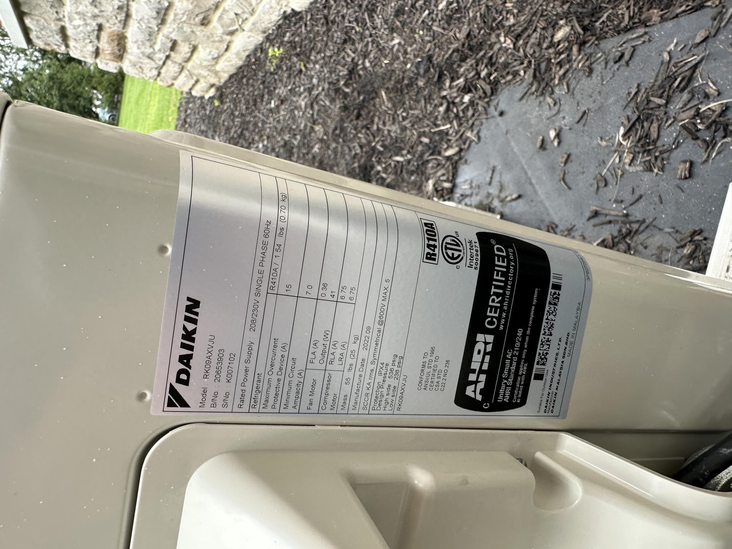 Install new single zone Daikin ductless system.
Indoor Model #: FTK09AXVJU 
Serial #: K006711
OTERRA Wall Mounted Cooling Only Indoor Head
Outdoor Model #: RK09AXVJU 
Serial #: K007102
OTERRA Cooling Only Outdoor Unit

Includes:
*Wireless remote control
*Reuse flush and clean existing refrigerant line set
*Reconnect to existing condensate drain
*Reconnect to existing high voltage electrical circuit.
Daikin manufacturers parts warranty
2 Year Westin Air labor warranty