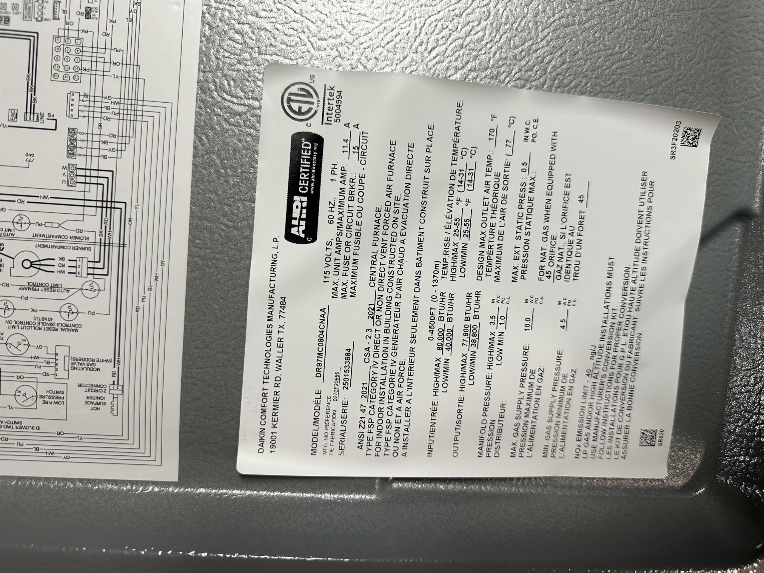 Install New Daikin FIT HVAC System
*Modulating - Variable Speed Furnace:
Model #: DR97MC0804CNAA
Serial #: 2501533684
80,000 BTU's - 97% AFUE
*High Efficiency Air Conditioner:
Model #: DC6VSS4810AA
Serial #: 2505084583
4 Ton -  17 SEER2
*Matching Indoor Coil: 
Model #: CAPEA6030C3
Serial #: 
*Daikin One+ Thermostat: DTST-TOU-A
Serial #: EA2410608111

Installation:
* Reconnect to existing gas line and electric
* Transition to existing supply and return ductwork
* Start up and commission new system
* Aprilaire 1210 (20x25) Media Air Cleaner
* Aprilaire 600m Humidifier w/ Manual Humidistat

Warranty:
12 Year Daikin manufacturers Parts Warranty (Annual maintenance must be performed)
2 Year Westin Air Labor Warranty (Annual maintenance must be performed)
Daikin manufacturers Lifetime Heat Exchanger Warranty (Annual maintenance must be performed)