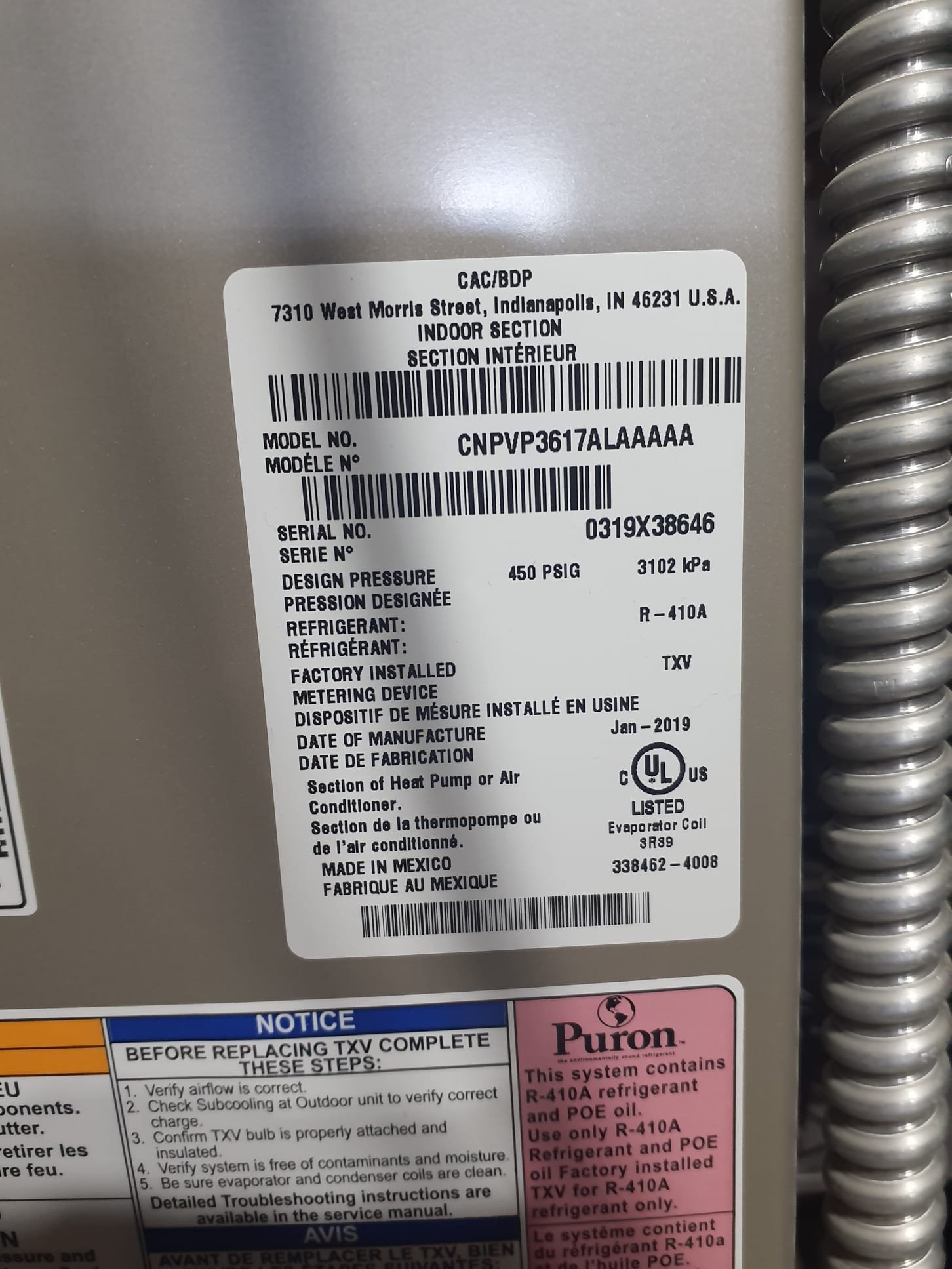 Turned system on for testing. Let run for approximately 15 minutes to test refrigerant and simulate normal operation procedure. Refrigerant pressures are slightly overcharged, not anything to worry about. Compressor is pulling ~12A while operating. This measurement is withing specifications but on the high end. When shut down, compressor stops instantly. Both the high Amp draw, and instant stopping can indicate a higher than normal amount of friction on the internal of the compressor. Due to the age of the unit, in case of a compressor failure, full system replacement is highly recommended. System is operating at this time but a timeline for operation or breakdown cannot be given. AC model and serial numbers are hard to read. Done over with black sharpie and wiped off to make them legible. Model and serial number put into a note on file. 